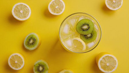 Glass of lemonade with kiwi and lemon slices on yellow backgroundの素材