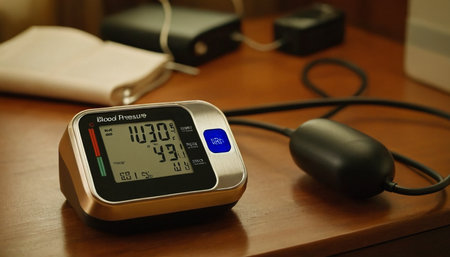 Digital blood pressure monitor on a desk in a hospital, conceptual imageの素材