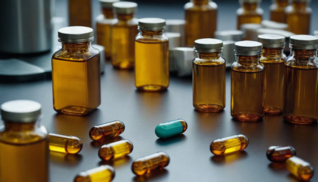 Medicine bottles on a black background. Close-up. Selective focus.の素材