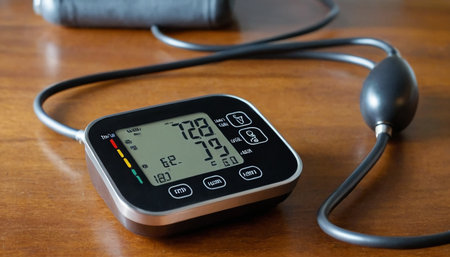 Digital blood pressure monitor on wooden table, closeup. Medical equipmentの素材