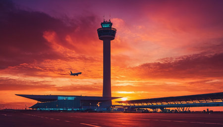 Airport control tower at sunset, Bangkok, Thailand, Asia.の素材