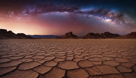 Milky way over dry land in the desert. 3d renderingの素材