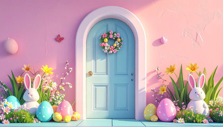 Easter background with a door, eggs and flowers. 3d renderingの素材