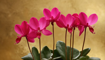 Pink cyclamen flowers on a golden background, close-up.の素材