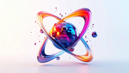 3d illustration of atom with colorful background, science and technology conceptの素材