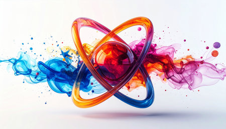 3d illustration of atom with colorful ink splashes on white backgroundの素材