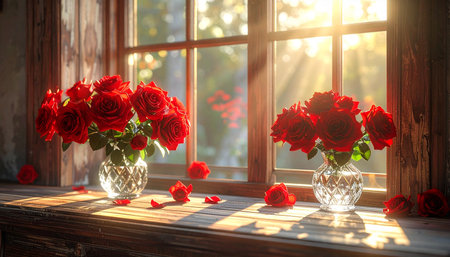Bouquet of red roses in a vase on the windowsillの素材