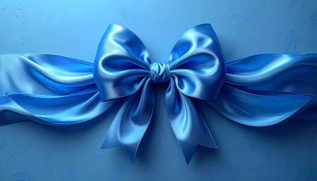 Blue satin bow on blue background. 3d render illustration.の素材