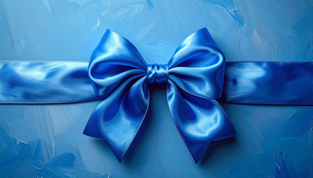 Blue satin bow on blue background, top view. Space for textの素材