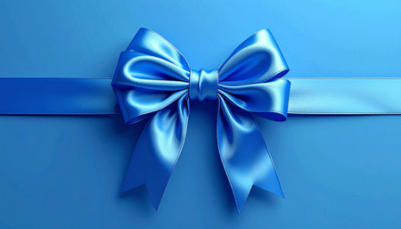Blue satin bow on blue background. 3d render illustration.の素材