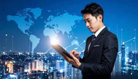 Young asian businessman using tablet computer over night cityscape and world mapの素材