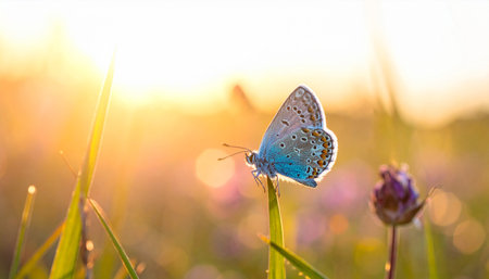 Butterfly on a flower in the meadow at sunset.の素材