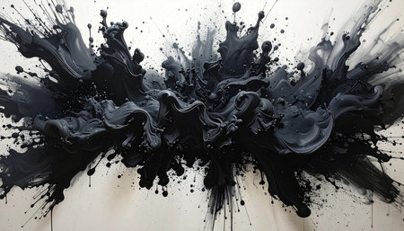 Black and white oil paint splashes on white background. Abstract backgroundの素材