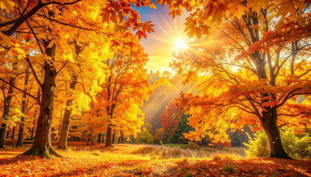 Colorful autumn landscape in the park with maple trees and sun raysの素材