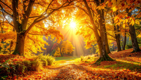 Colorful autumn landscape in the park with sun rays shining through the treesの素材