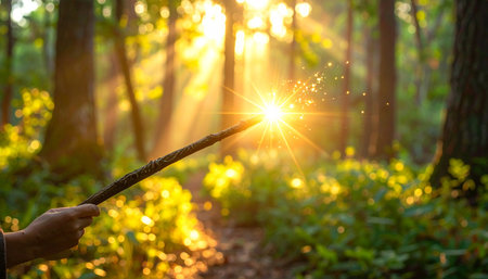 Woman hand holding a sparkler in the forest with sunbeamsの素材