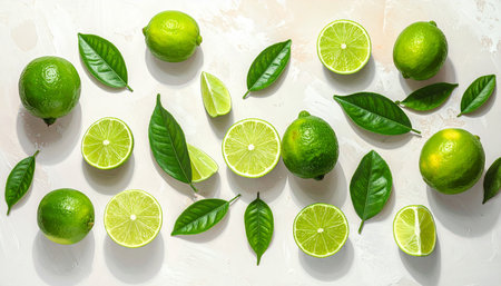 Fresh limes with leaves on light background, flat lay. Citrus fruitsの素材