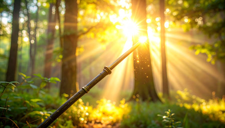 Sunset in the forest. Nature composition. Selective focus.の素材