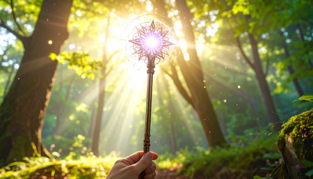 Magic wand in the forest with sunbeams and lens flare.の素材