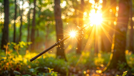 Sunset with magic wand in the forest. Shallow depth of fieldの素材