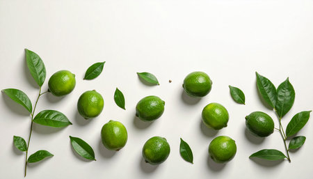 Fresh limes with leaves on white background, flat lay. Space for textの素材