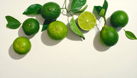 Fresh limes with leaves on a white background, top view.の素材