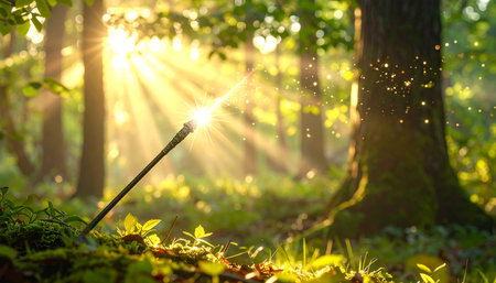 Magic wand in the forest with sun rays and bokeh effectの素材