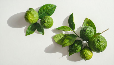 Fresh kaffir limes with leaves on white background, top viewの素材