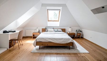 interior of a new house, bedroom with white walls and wooden floorの素材
