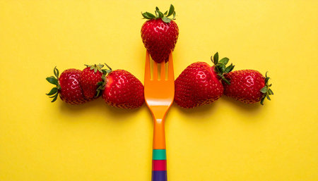 Strawberries on a fork on a yellow background. Healthy food concept.の素材