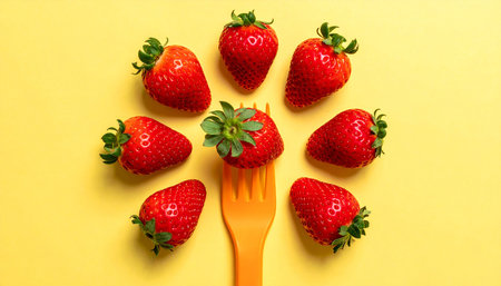 Strawberries with fork on yellow background, top view. Concept of healthy eatingの素材