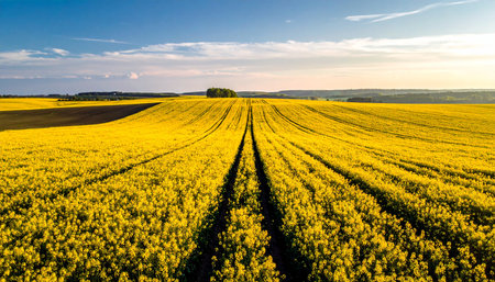 Aerial view of blooming rapeseed field at sunset in Polandの素材