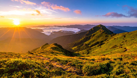 Mountain landscape with clouds at sunset. View from the top of the mountain.の素材