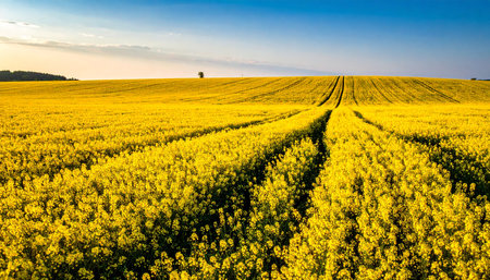Aerial view of blooming rapeseed field with blue sky and sunの素材