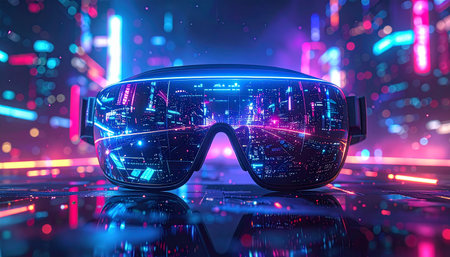 Virtual reality glasses on the background of the night city. 3d renderingの素材