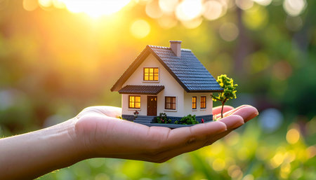 House model in hand on blurred nature background. Real estate concept.の素材