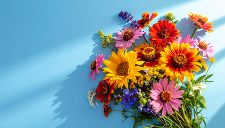 summer bouquet of bright flowers on a blue background, top viewの素材