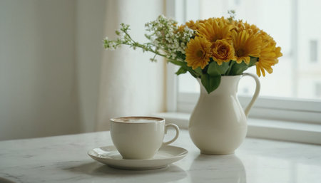 Cup of coffee and bouquet of flowers on white marble tableの素材