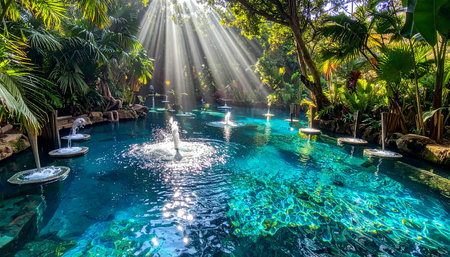 Beautiful swimming pool in a tropical garden with sun rays shining through the waterの素材