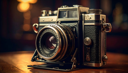 Vintage camera on a wooden table. Shallow depth of fieldの素材