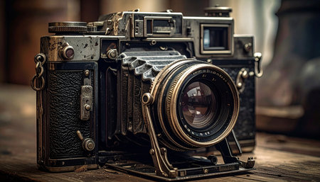 Vintage camera on a wooden table with books in the background.の素材