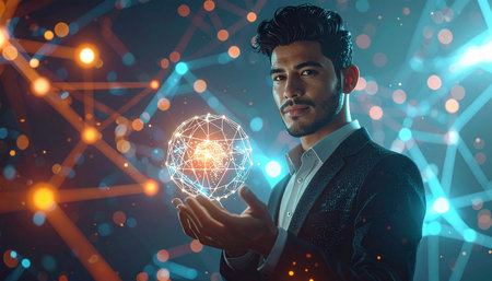 Portrait of young businessman with glowing globe hologram on dark background. Technology conceptの素材