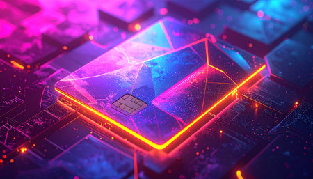 3d render of microcircuit board with microchip in neon lightの素材