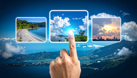 Finger pointing at the screen of a mobile phone with a photo of a beautiful landscapeの素材