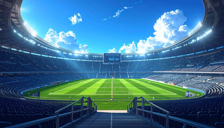 3D render of a large football stadium with bright lights and VIP boxes for hundred thousand fansの素材