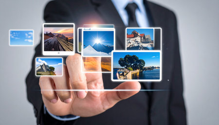 Businessman holding a touch screen interface with photos of the world.の素材