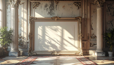 Luxury interior of an old palace with columns. 3d renderの素材