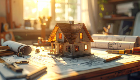 House model and blueprint on table in office. Real estate concept.の素材