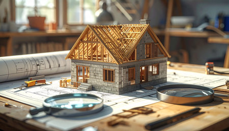 House model with blueprint and magnifier. Construction concept. 3d renderingの素材