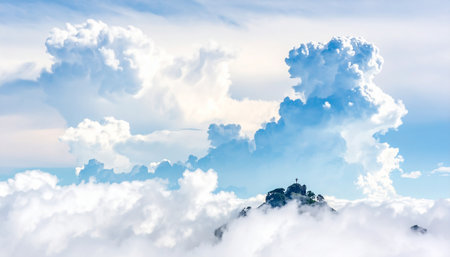 Cloudscape with mountain and blue sky. Panoramic view.の素材